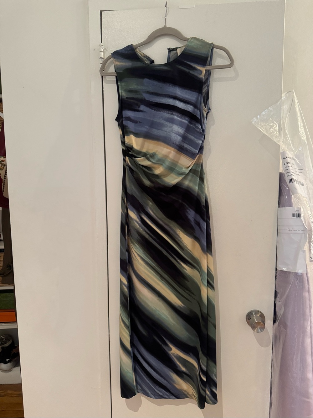 Sleeveless Abstract Stripe Midi Dress in Blue, Green and Cream